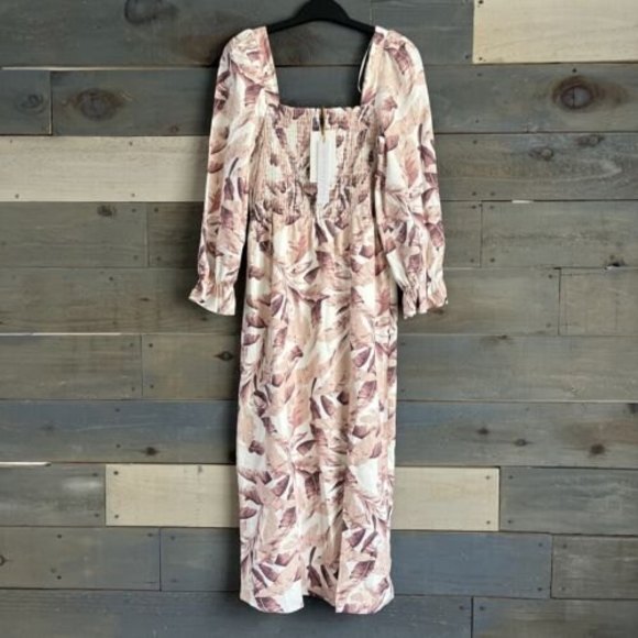 NWT HOUSE OF HARLOW 1960 SMOCKED OFF THE SHOULDER LINEN FLORAL MIDI DRESS - Picture 3 of 10